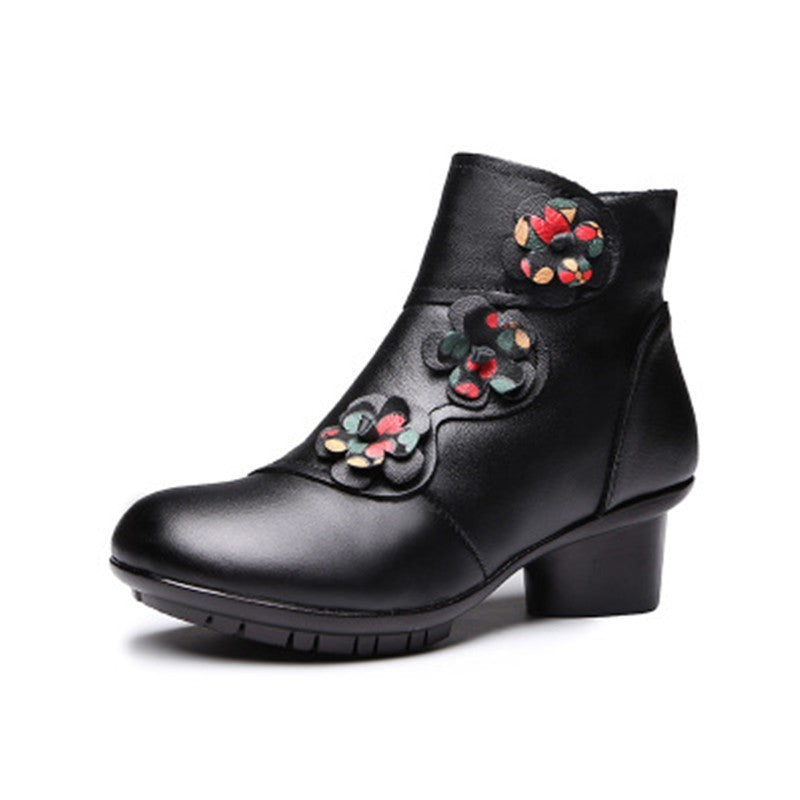 Ethnic Style Leather Mid-Heel Ankle Boots