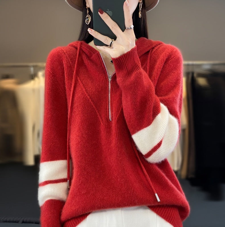 Hooded Zipper Knit Sweater for Women - Thickened, Color-Block Design