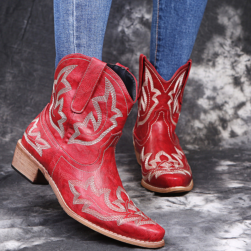 Pointed Embroidered Chunky Heel Leather Boots for Women