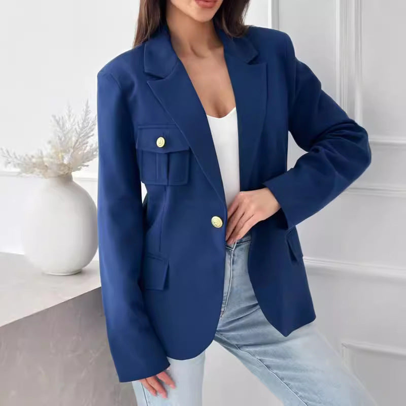 Women's Double-Breasted Solid Color Blazer Coat