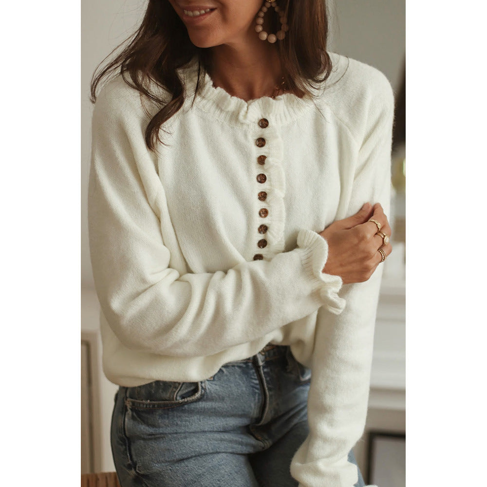 Women's New Style Frill Button Crew Neck Knitted Pullover Sweater