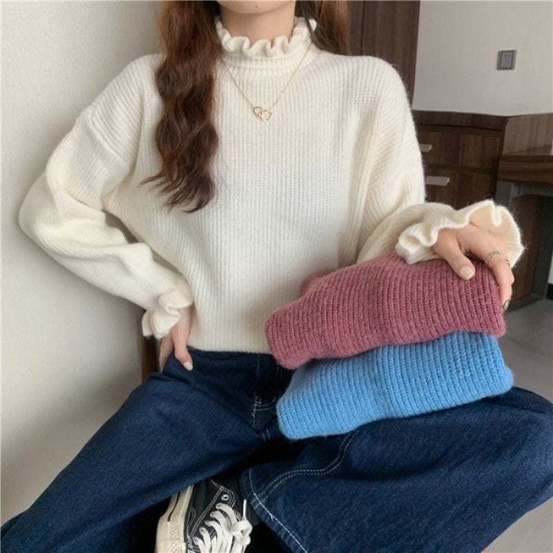 Red Wooden Ear Half Turtleneck High-Quality Sweater