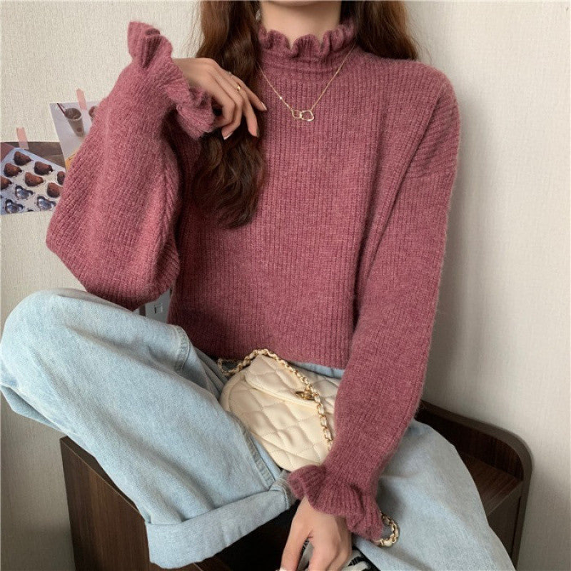 Red Wooden Ear Half Turtleneck High-Quality Sweater