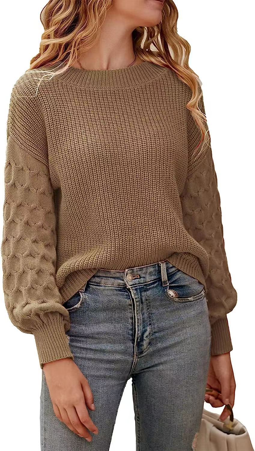 Women's Fashion Solid Color Knit Top with Lantern Sleeves