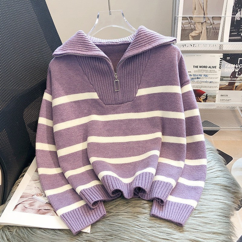 Women's Zippered Contrast Color Striped Sweater