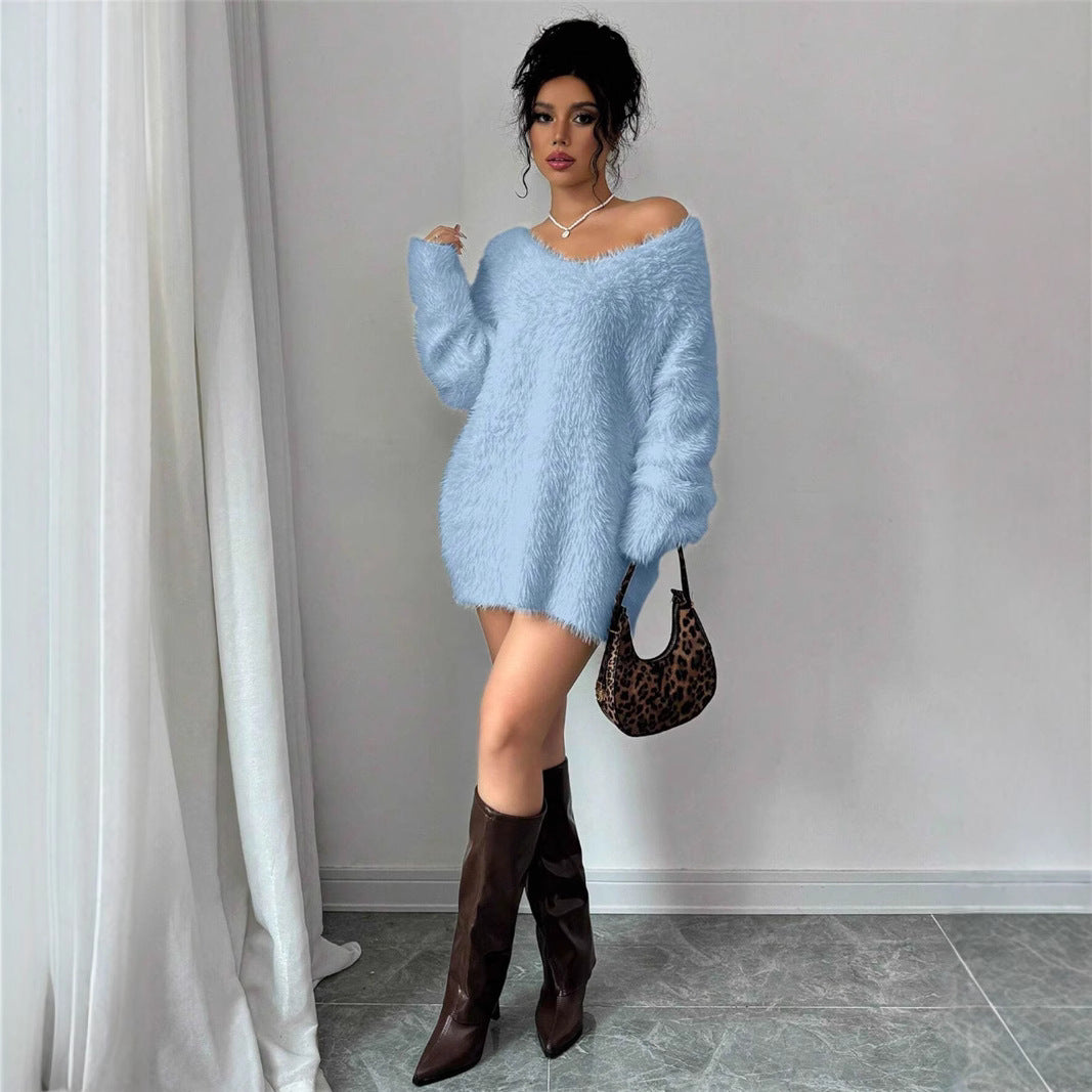 V-Neck Solid Color Knitted Sweater for Women