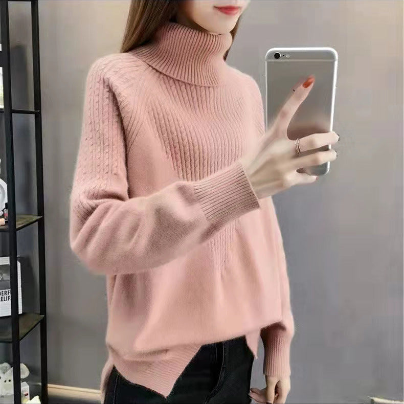 Women's Loose Fit Solid Color Twist Knit High Collar Sweater