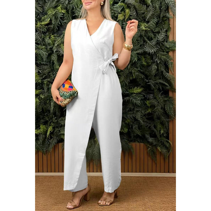 Women's Solid Color Casual V-neck Bandage Jumpsuit