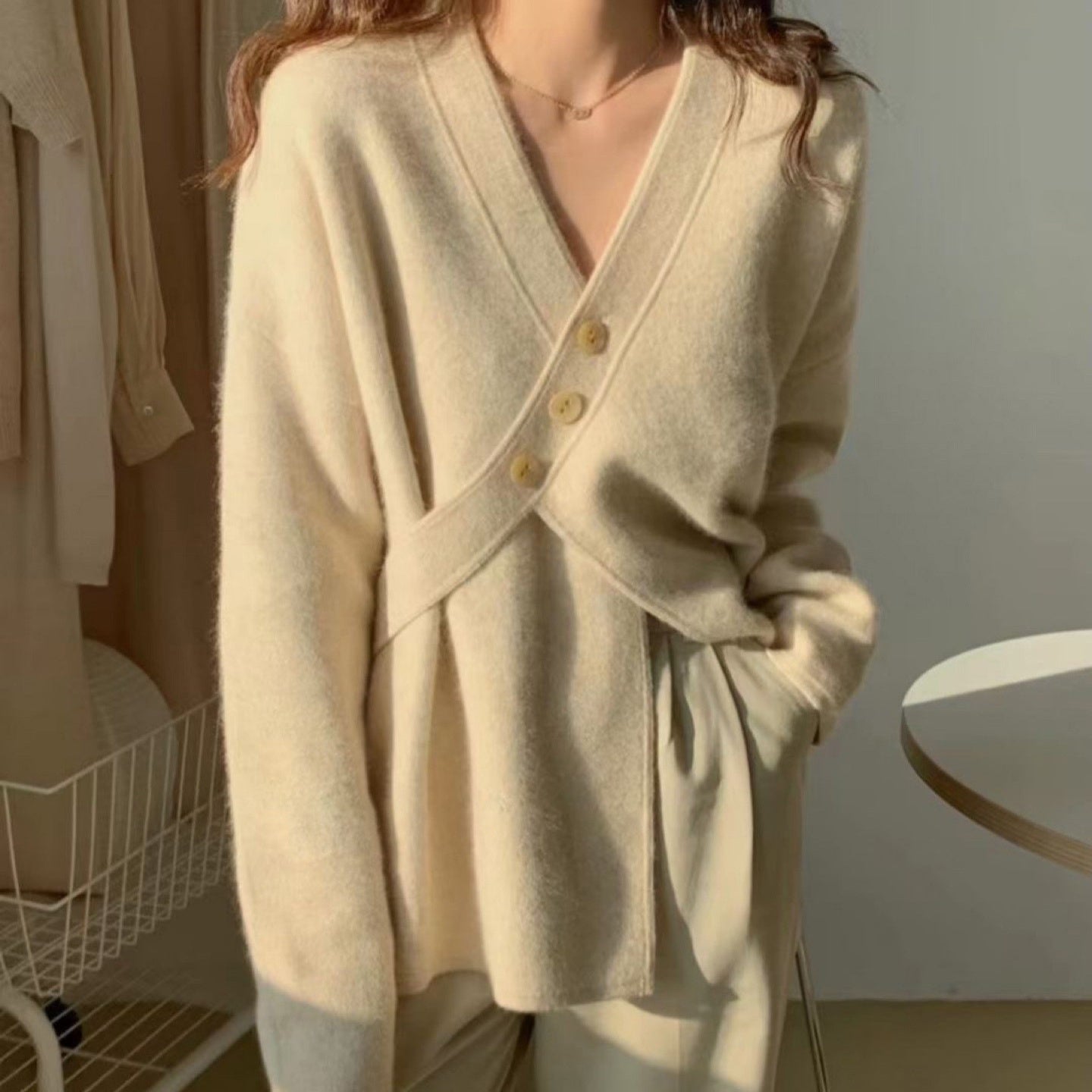 V-Neck Diagonal Buckle Loose-Fit Knit Sweater Jacket