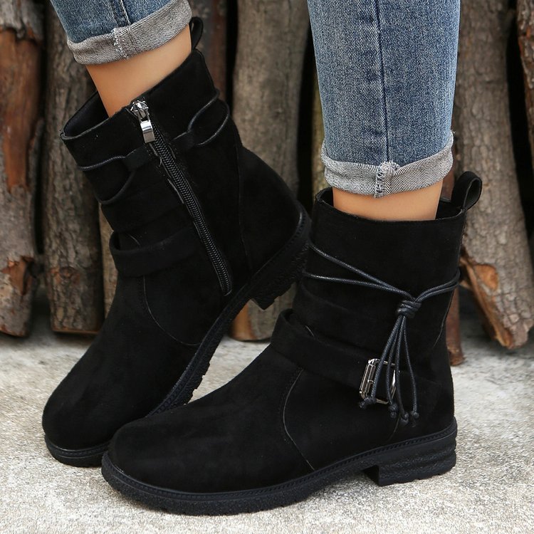 New Fashion Mid-Calf Boots with Side Zipper, Buckle Detail, Square Heel, and Round Toe