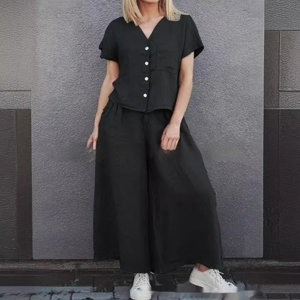 Women's Solid Color Short-sleeve Shirt and Wide-leg Pants Set