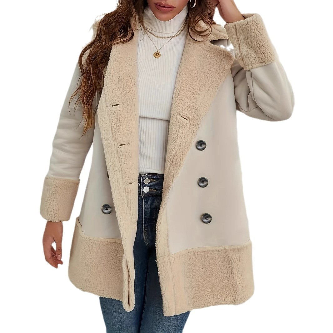 Apricot Lapel Contrast Color Lamb Wool Long Coat