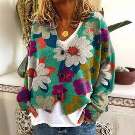 Women's Retro Floral Print Cardigan Sweater - Artistic and Colorful Design