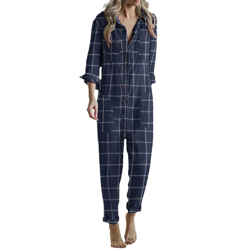 Plaid Printed Casual Relaxed Home Jumpsuit