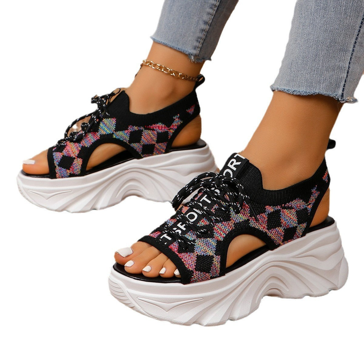 Women's Fashion Mesh Sandals - Hollowed-Out Design with Mid Heel and Sports-Inspired Thick Back