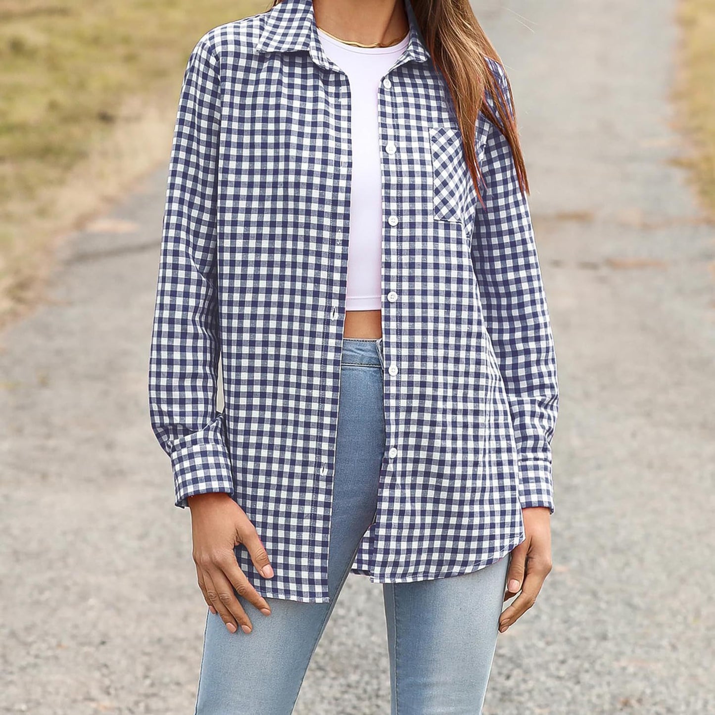 Loose-Fit Women's Long Sleeve Plaid Shirt