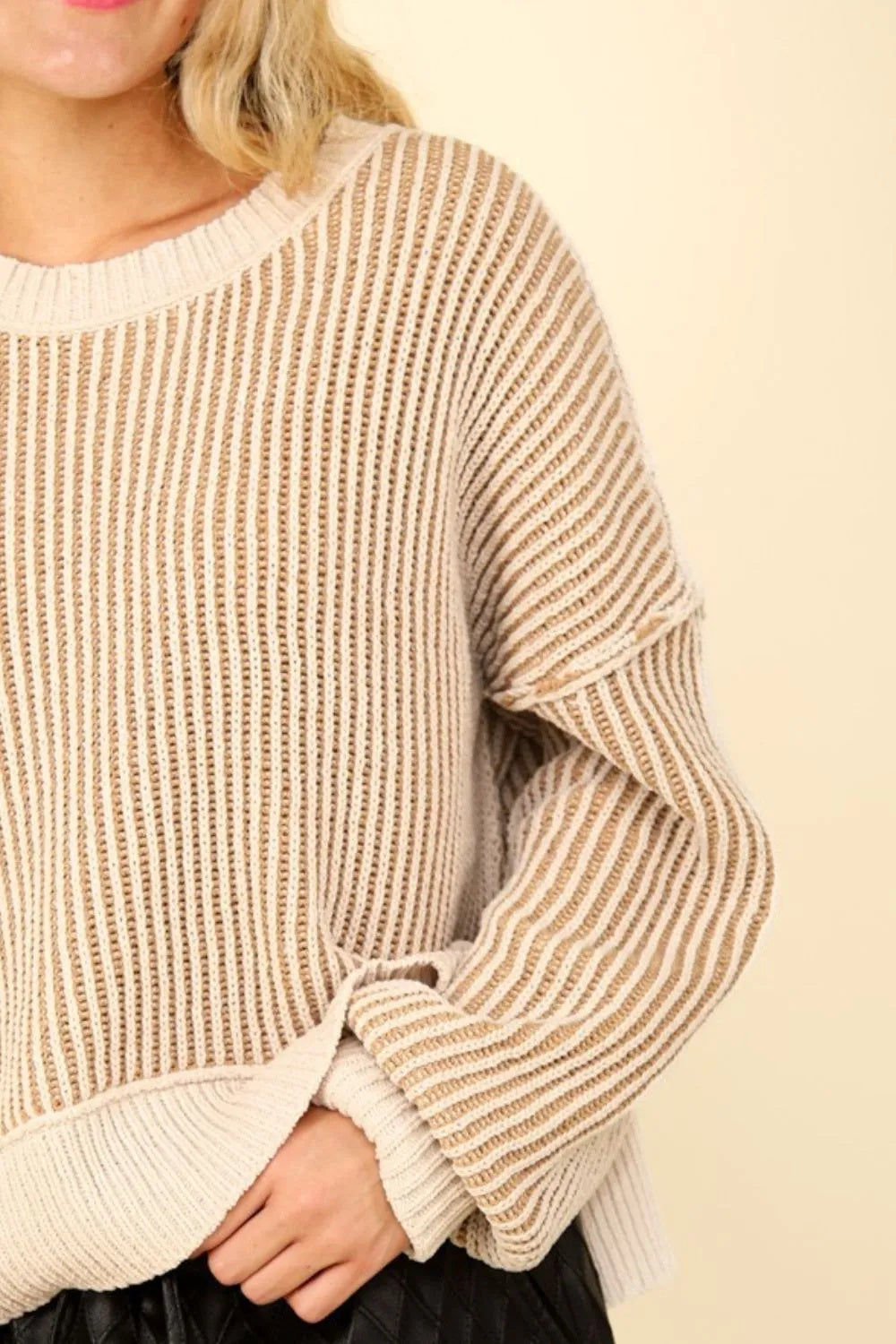 Exposed Seam Cropped Striped Sweater with Side Slits