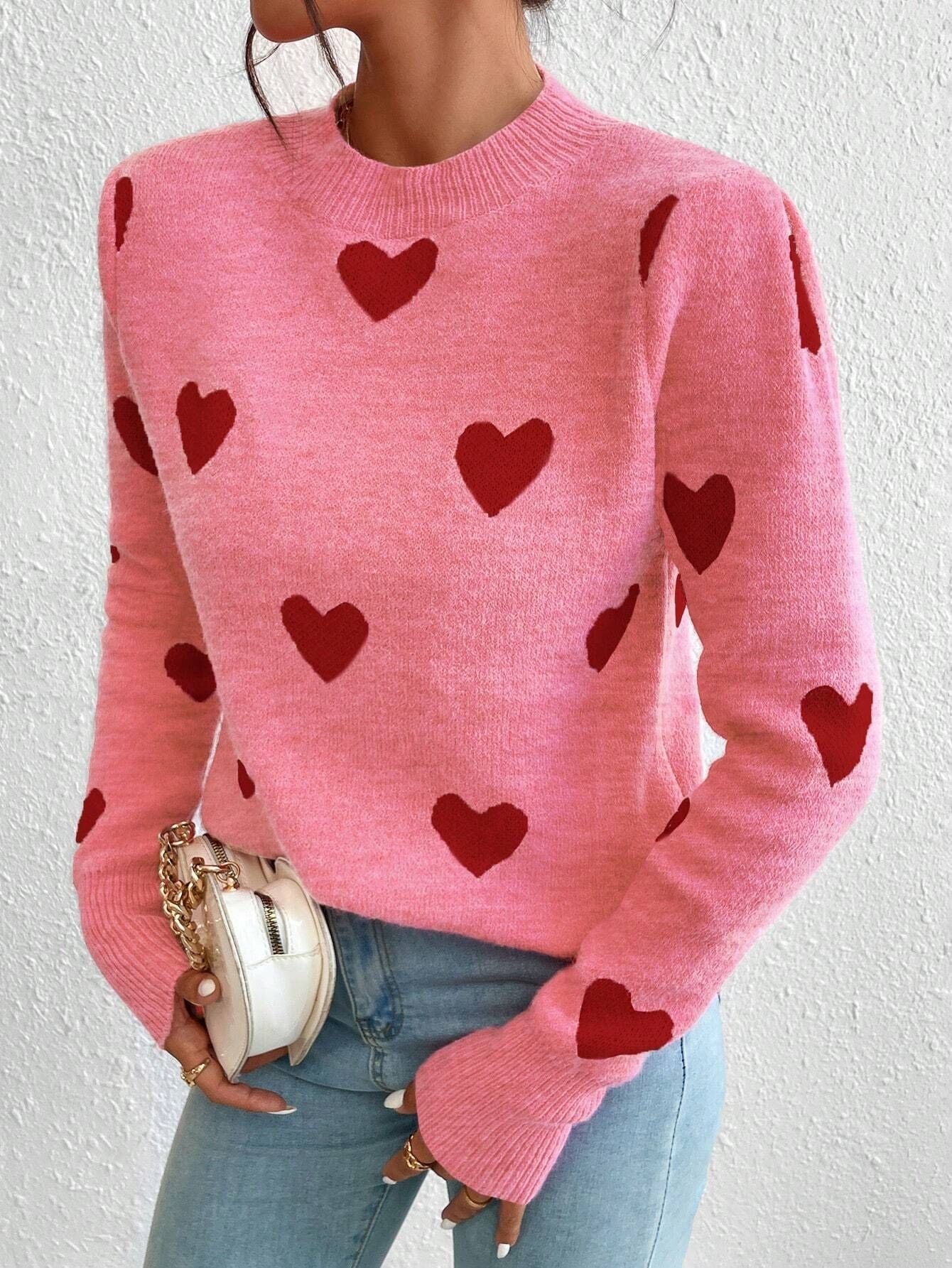 Leisure Heart Jacquard Long Sleeve Crew Neck Pullover Sweater for Women