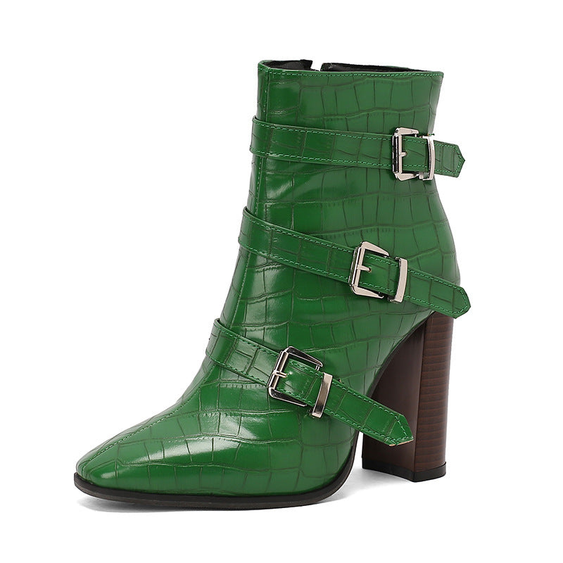 Belted High-Heel Martin Boots with Chunky Soles