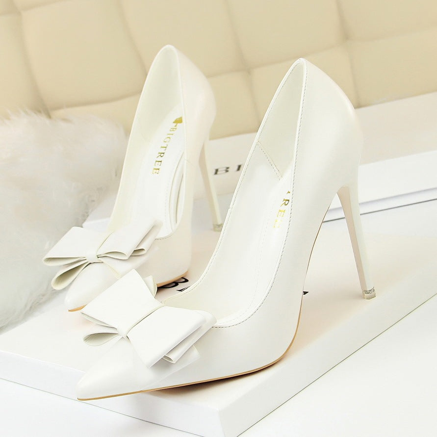 Shallow Mouth Pointed Toe Single Shoes with Bow Detail