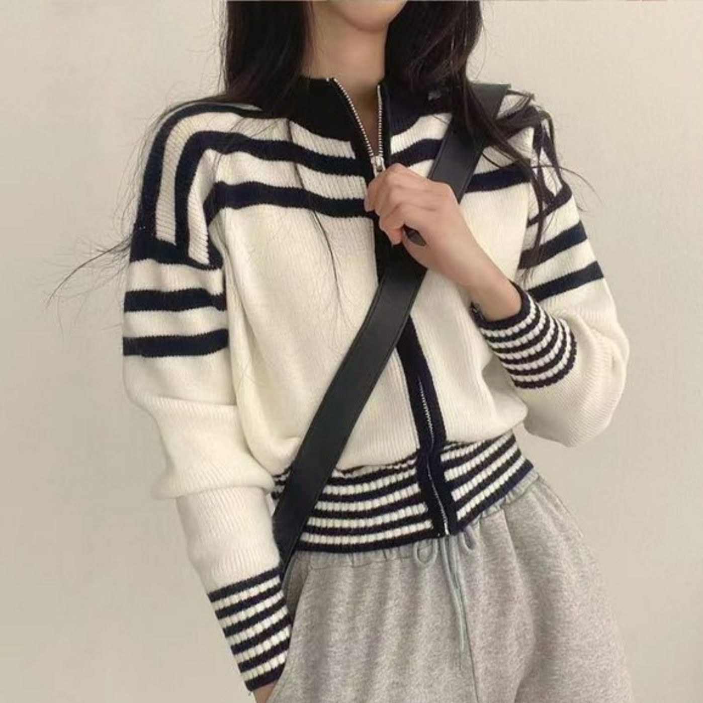 Short Striped Sweater Coat – Long Sleeve Casual Style