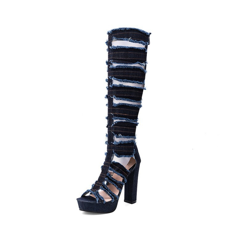 Women's Mid-Calf High Heel Sandal Boots – Fish Mouth and Hollow-Out Design