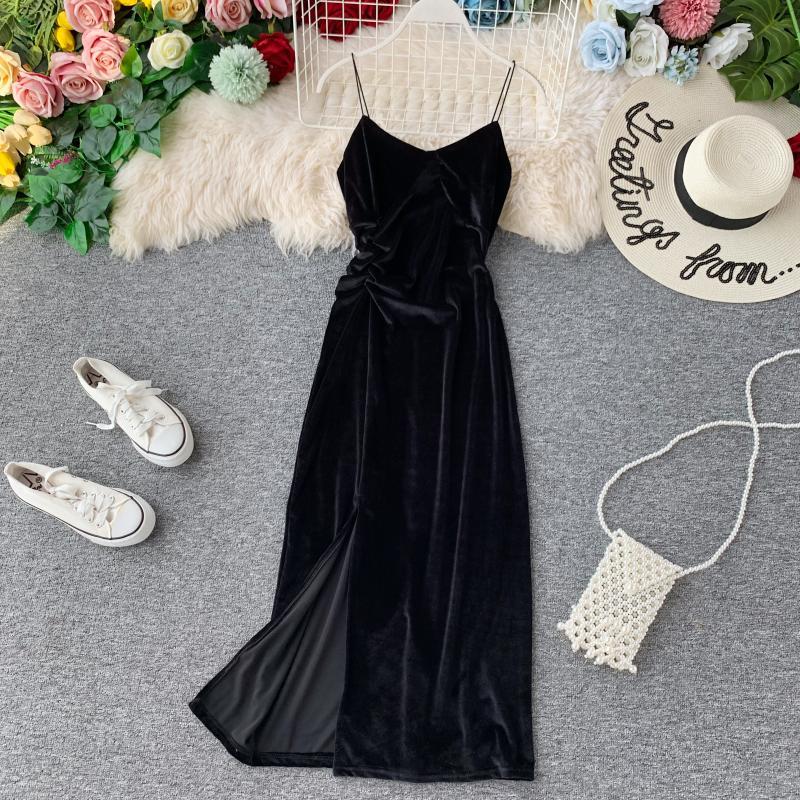 V-neck strap velvet dress