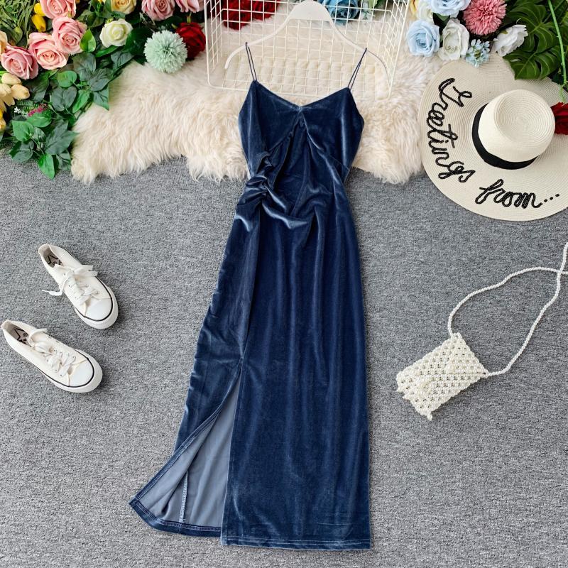 V-neck strap velvet dress