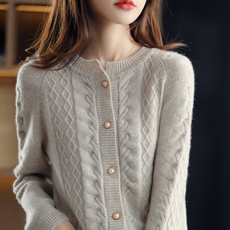 Women's Round Neck Pure Wool Knit Cardigan – Long Sleeve, Casual and Simple Design