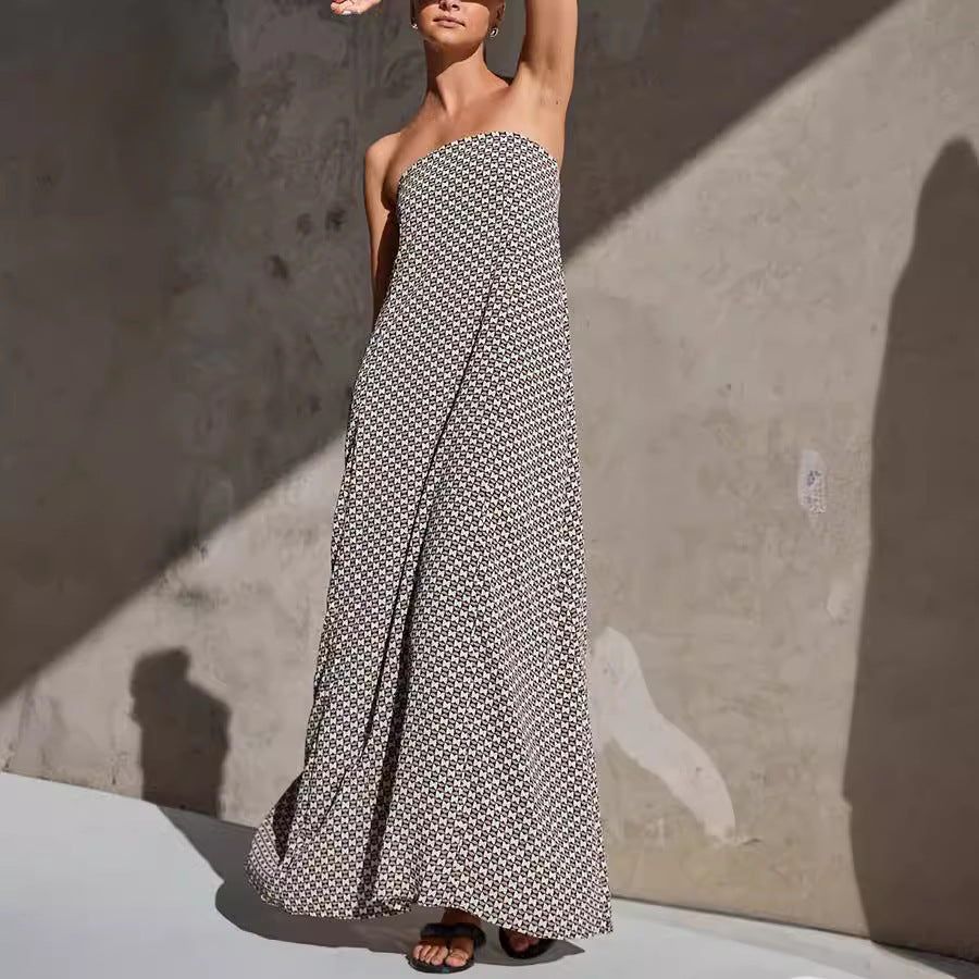 Simple Off-Shoulder Sleeveless Dress with Printed Design