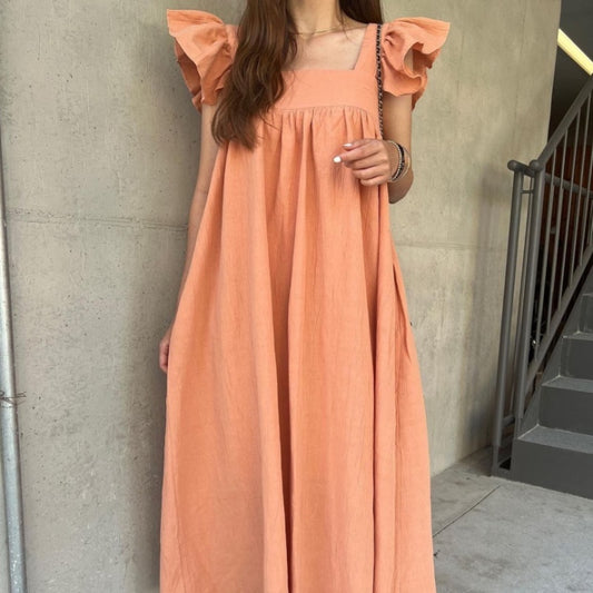 French Retro Square Collar Pleated High-Waist Long Dress with Flutter Sleeves