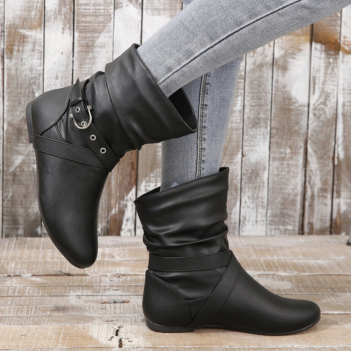 European and American Round Toe Pleated Ankle Boots with Flat Belt Buckle