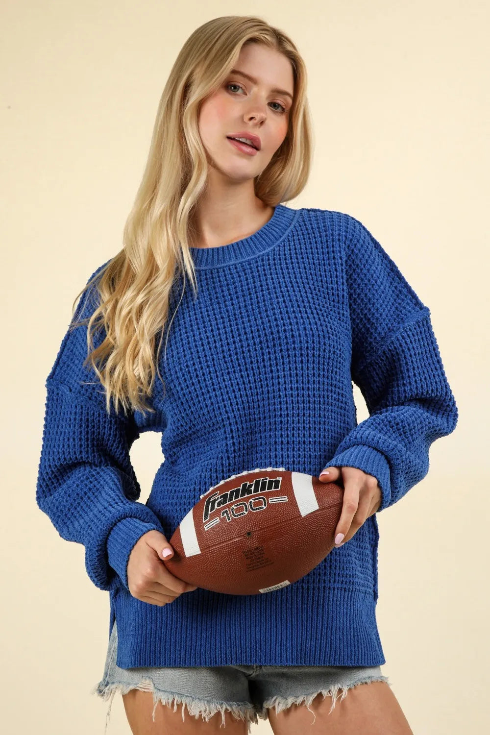 Waffle-Knit Exposed Seam Round Neck Sweater for Women