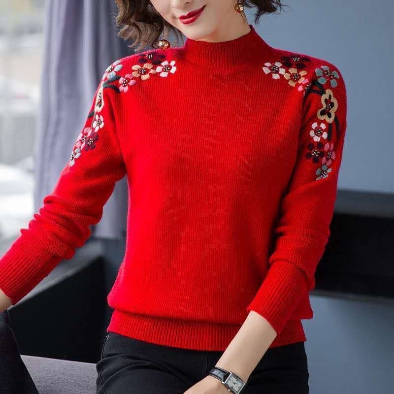 Popular Embroidered Women's New Loose-Fit High Collar Bottoming Shirt