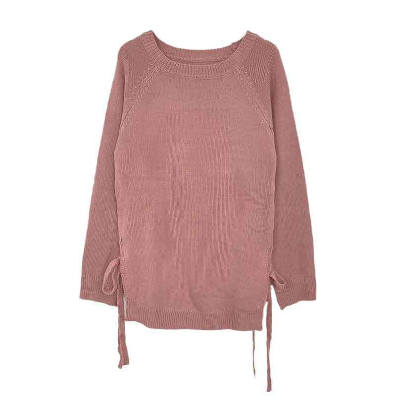 Elegant Round Neck Side Lace-Up Long Sleeve Pullover Sweater