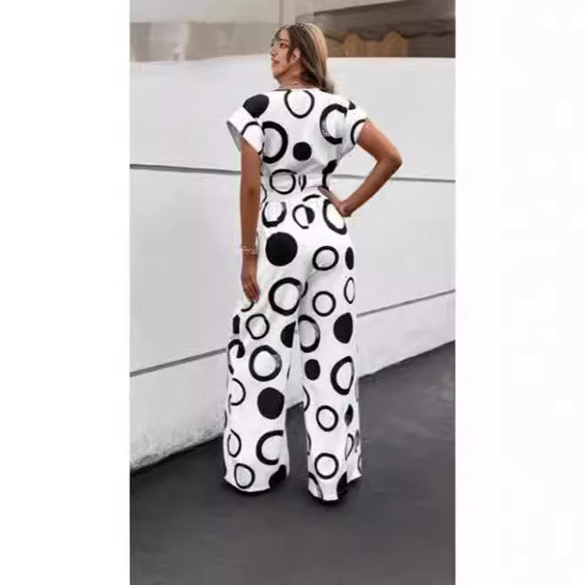 Fashionable Elegant V-Neck High-Waist Printed Wide-Leg Belted Jumpsuit