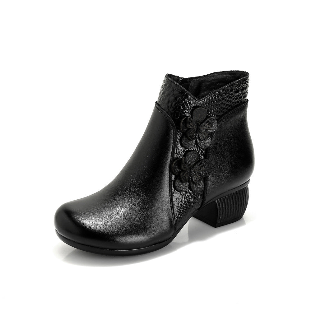 Soft Cattlehide Leather Martin Boots with Medium Chunky Heels and Floral Design