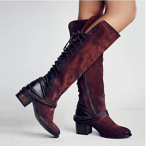 Women's Chunky Heel High Boots – Back Bandage Design, Tall Knight Style