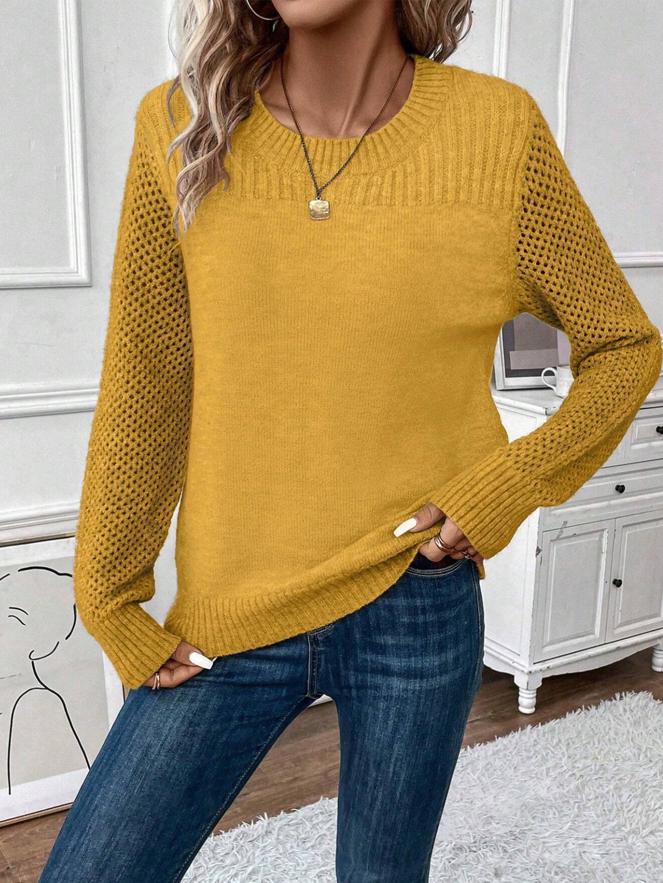 European and American Style Round Neck Long Sleeve Solid Color Sweater