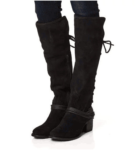 Women's Chunky Heel High Boots – Back Bandage Design, Tall Knight Style