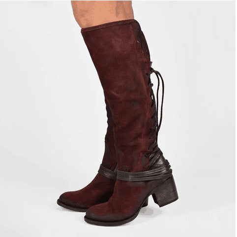 Women's Chunky Heel High Boots – Back Bandage Design, Tall Knight Style