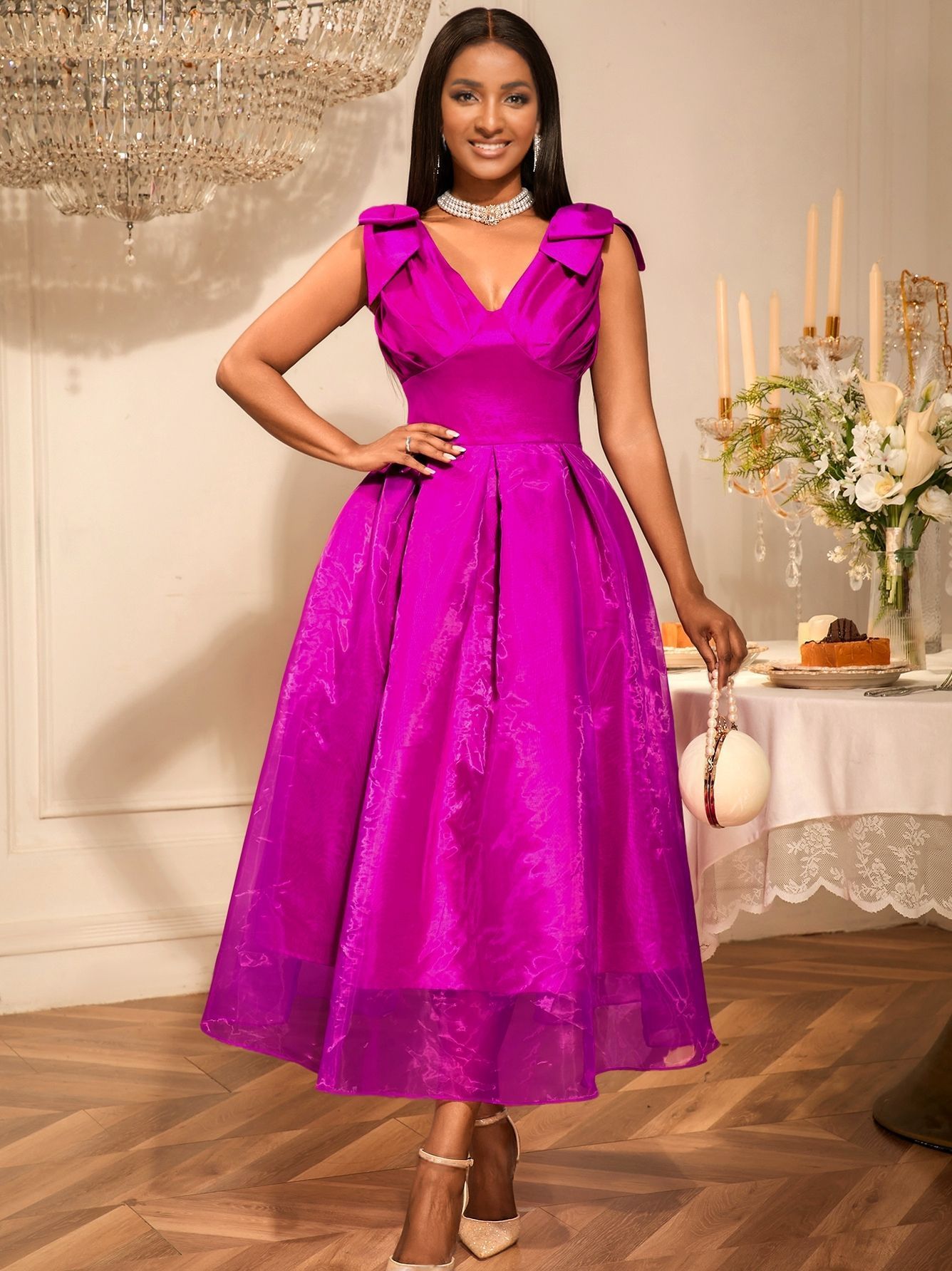 European And American V-neck Bow Sleeveless Dress