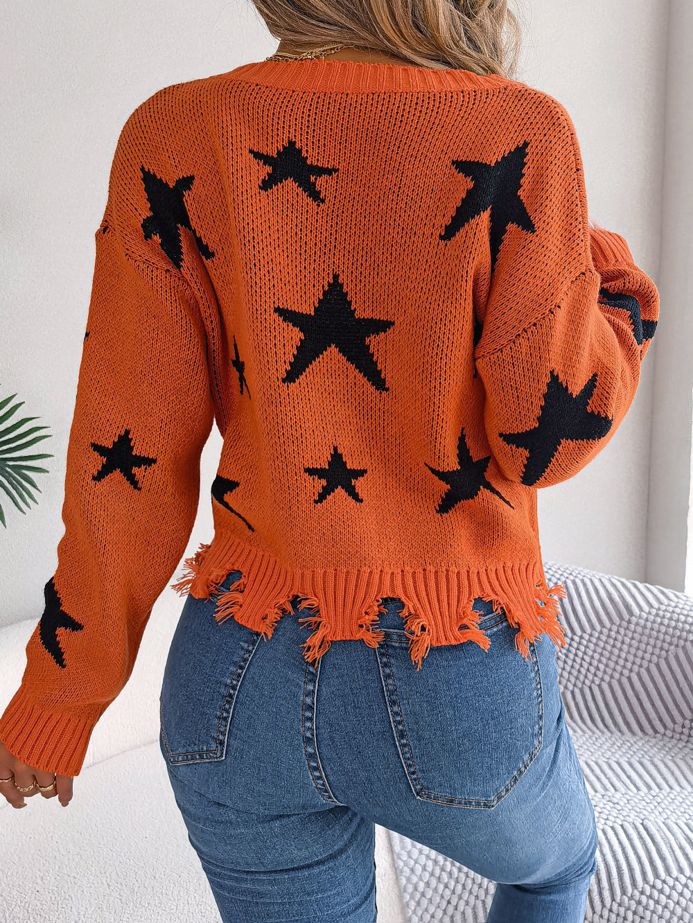 Women Casual V-Neck Star Distressed Long Sleeve Knit Sweater