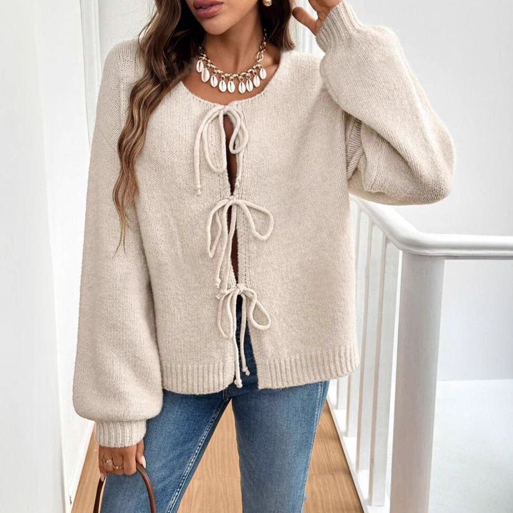 Women's Casual Loose Lace-Up Cardigan – Solid Color Sweater