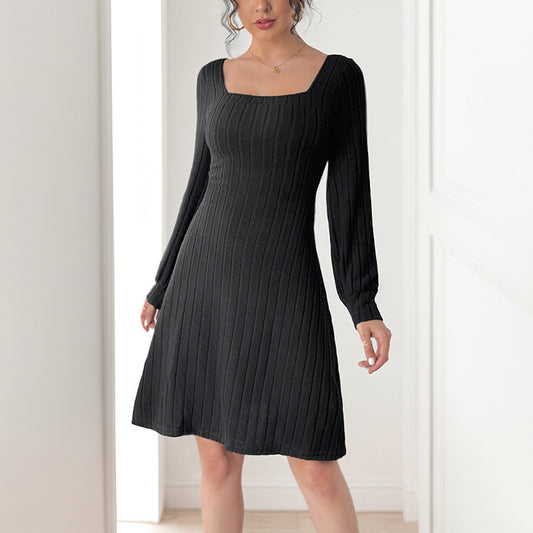 Brushed Sunken Stripe Long-Sleeve Dress with Split V-Neck