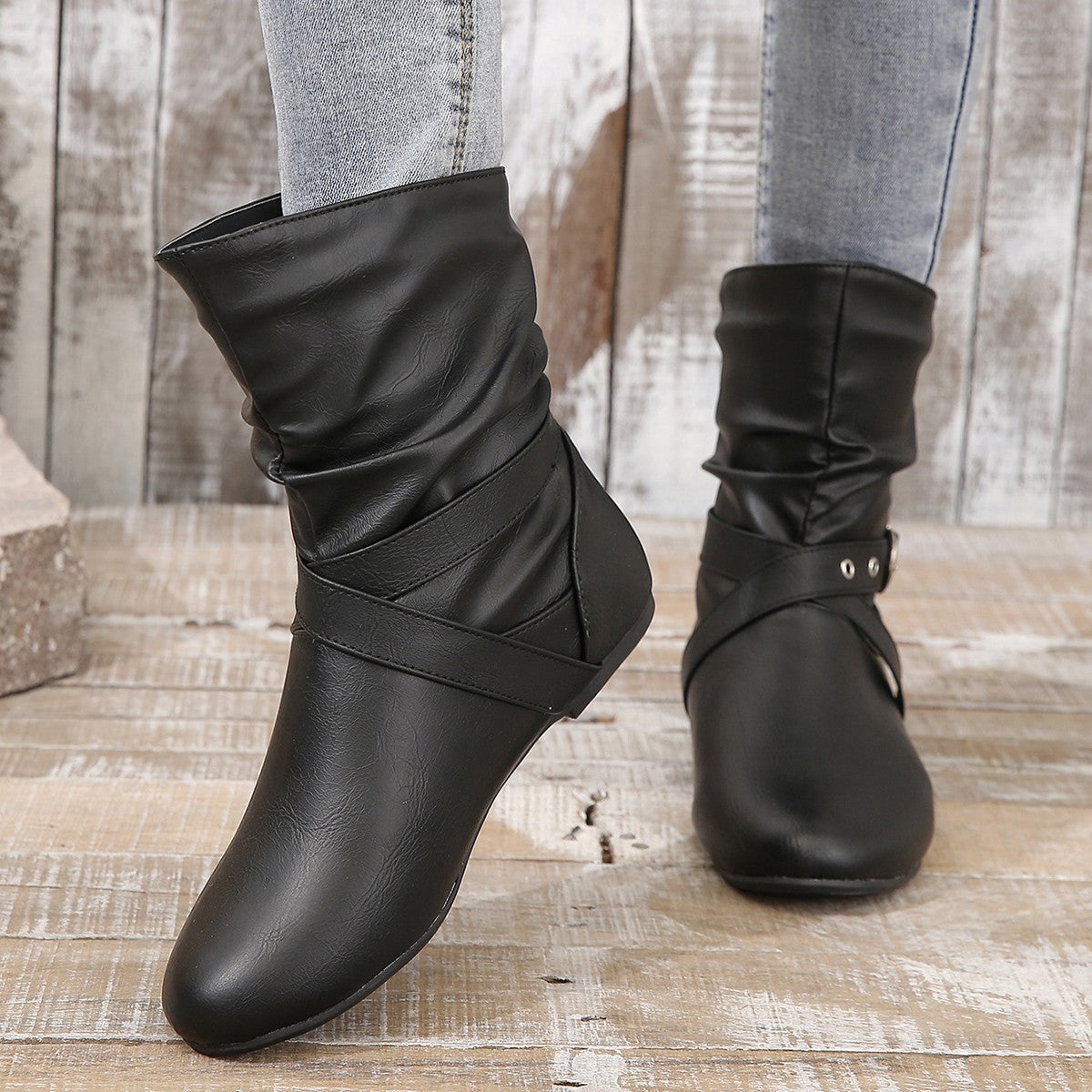 European and American Round Toe Pleated Ankle Boots with Flat Belt Buckle