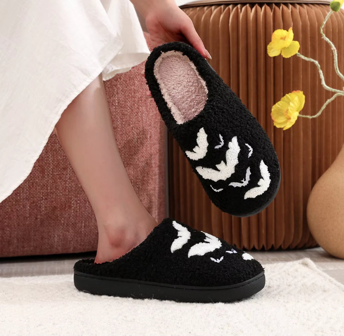 Bat Embroidered Stuffed Cotton Slippers – Thick-Soled, Cozy Furry Checkered Scuff Slippers