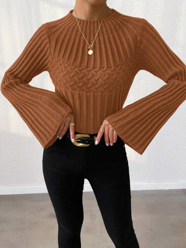 Women's Fashion Pullover Sweater with Round Neck and Flared Sleeves