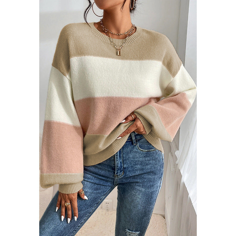 Color-Block Crew Neck Sweater – Casual Loose-Fit Lantern Sleeve Pullover for Women