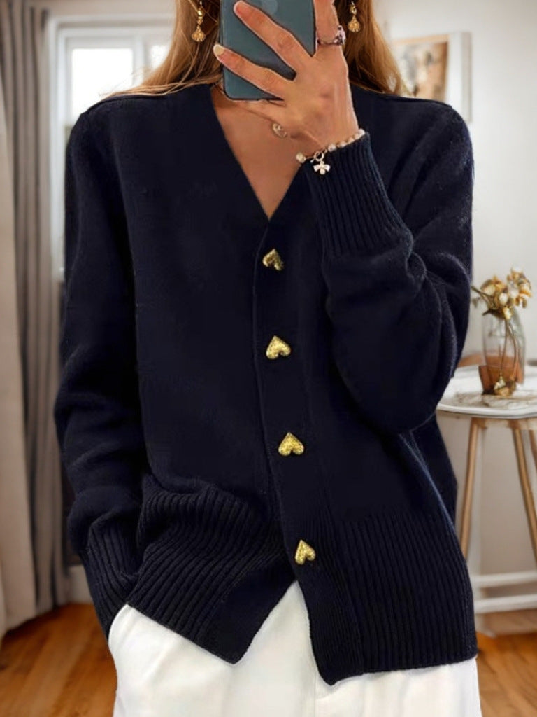 New Autumn & Winter Solid Color Long Sleeve V-Neck Knitted Cardigan